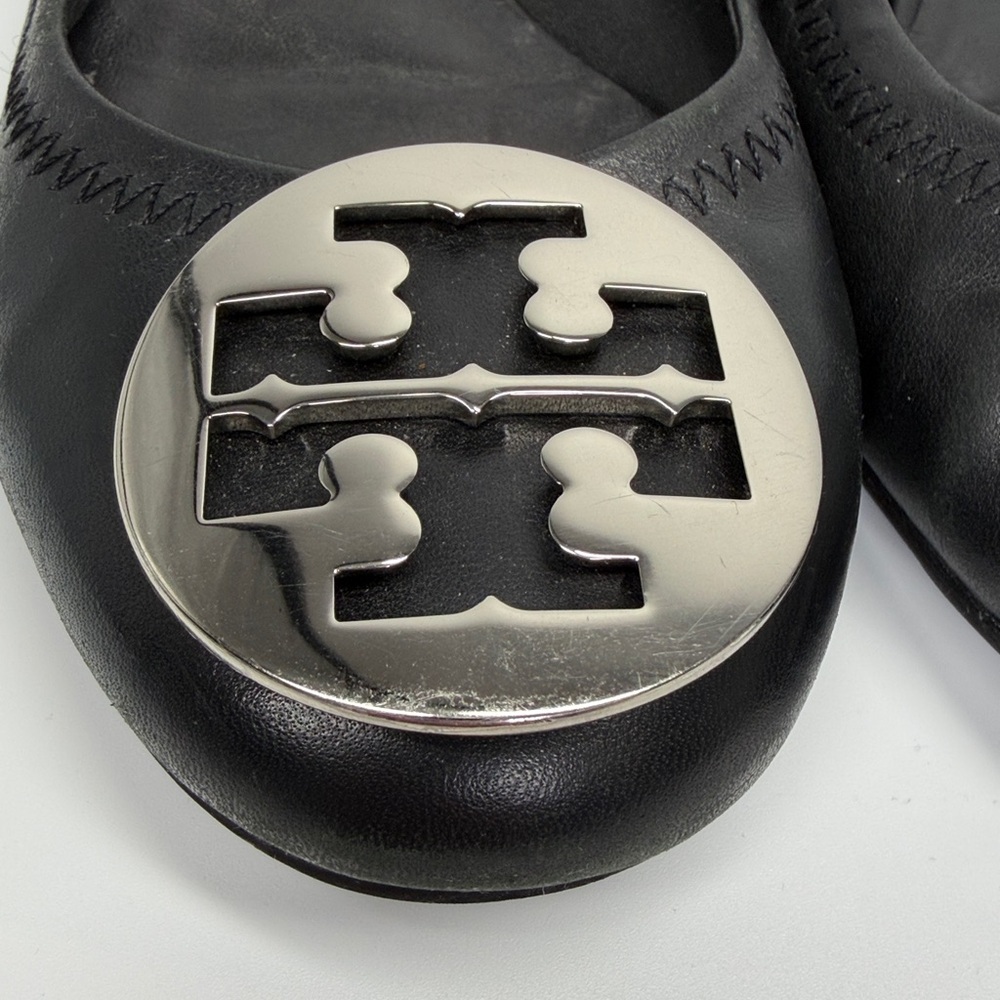Tory Burch Reva Leather Travel Ballet Flat Black Silver Size 8 1/2 - Picture 3 of 8